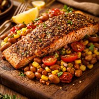 Pepper Crusted Salmon with Pinto Beans Corn and Tomatoes