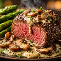 Pepper Crusted Tenderloin with Mushroom Cream and Asparagus