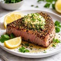 Pepper Grilled Tuna Steak with Parsley Garlic Butter