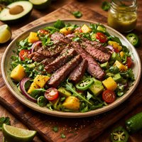 Pepper Steak Salad with Mango Avocado and Jalapeno Vinaigrette