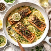 Peppercorn Crusted Salmon with White Wine Butter Sauce
