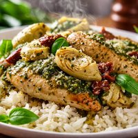 Pesto Artichoke Chicken Over Rice