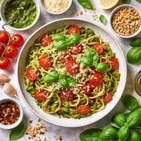 Pesto Pasta with Tomatoes and Pine Nuts