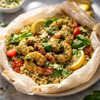 Pesto Shrimp with Couscous with Parchment Paper