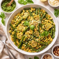 Pesto Tossed Corn Leeks and Green Bean Side