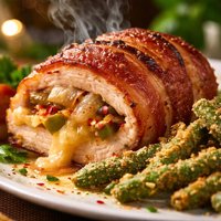 Philly Bacon Wrapped Chicken with Fried Green Beans