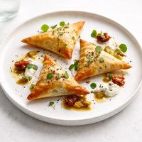 Phyllo Triangles Sun Dried Tomatoes Caramelized Leeks and Goat Cheese