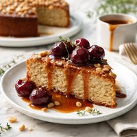 Pine Nut Cake with Poached Cherries and Caramel Sauce