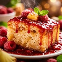 Pineapple Cake with Raspberry Sauce