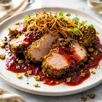 Pistachio Crusted Pork with Plum Sauce and Fried Leeks
