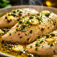 Poached Chicken in Olive Oil Garlic and Green Peppercorn Sauce