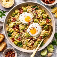 Poached Eggs with Creamy Brussels Sprouts and Bacon