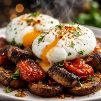 Poached Eggs with Roasted Tomatoes and Portabellas