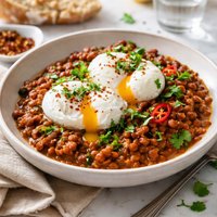 Poached Eggs with Slow Cooked Spicy Lentils