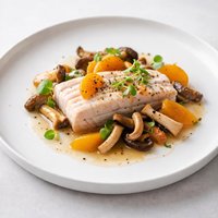 Poached Mahi Mahi with Mushrooms and Apricots