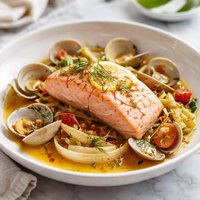 Poached Salmon Swimming on Fennel with Saffron and Clams
