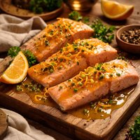 Poached Salmon with Green Peppercorn Ginger and Orange Sauce