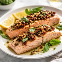 Poached Salmon with Pine Nuts and Sun Dried Tomatoes