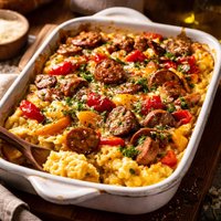 Polenta Casserole with Sauteed Bell Peppers and Sausage