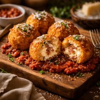 Polenta Crusted Bacon Goat Cheese Arrotondares Con Ragu