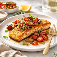 Polenta Crusted Salmon with Tomato and Olive Vinaigrette