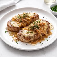 Pork Chops with Caramelized Onions and Smoked Gouda