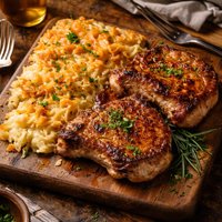 Pork Chops with Cheesy Hash Browns Potatoes