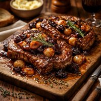 Pork Chops with Pearl Onions in Prune Sauce Flambe