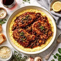 Pork Chops with Wine Sauce on a Polenta Bed