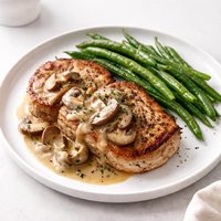 Pork Loin Chops with Mushroom Gravy and Green Beans