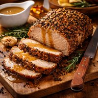 Pork Roast with Peppercorn Mustard Crust and Cider Gravy