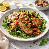 Pork Scaloppine Over Greens with Summer Fruit Salsa
