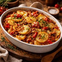 Potato Gratin with Peppers Onions and Tomatoes