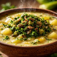 Potato Leek Soup with Anchioade Cilantro Anchovy Chop