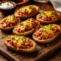Potato Skins Filled with Ham Baked Beans and Cheese