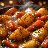 Potatoes and Carrots Baked in Gravy