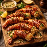 Prosciutto Wrapped Prawns with Garlic Sauce