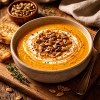 Pumpkin Soup with Cinnamon Crema and Roasted Pumpkin Seeds