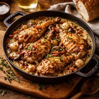 Rabbit in a White Wine Bacon Onion and Mushroom Sauce