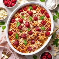 Raspberry and White Chocolate Waffle Pudding