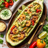 Rasta Pasta in a Boat with a Cilantro Cream Sauce