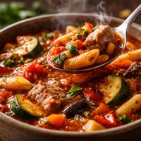 Ratatouille Soup with Pork and Penne