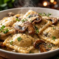 Ravioli with a Wild Mushroom Creamy Alfredo Sauce