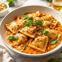 Ravioli with Creamy Basil Red Pepper Sauce