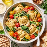 Ravioli with Tomatoes White Beans and Escarole