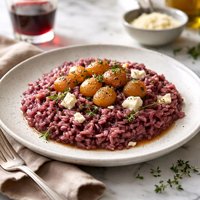 Red Wine and Goats Cheese Risotto with Caramelised Baby Onions