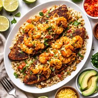Redfish with Shrimp Topping and Mexican Blend Cheese Over Rice