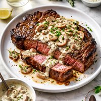 Rib Eye Steak with Horseradish and Mushroom Cream