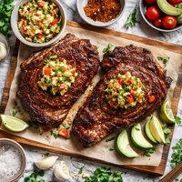 Rib Eye Steaks with Fragrant Chile Rub and Salsa Butter
