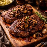 Rib Eye Steaks with Merlot Mushroom Melange